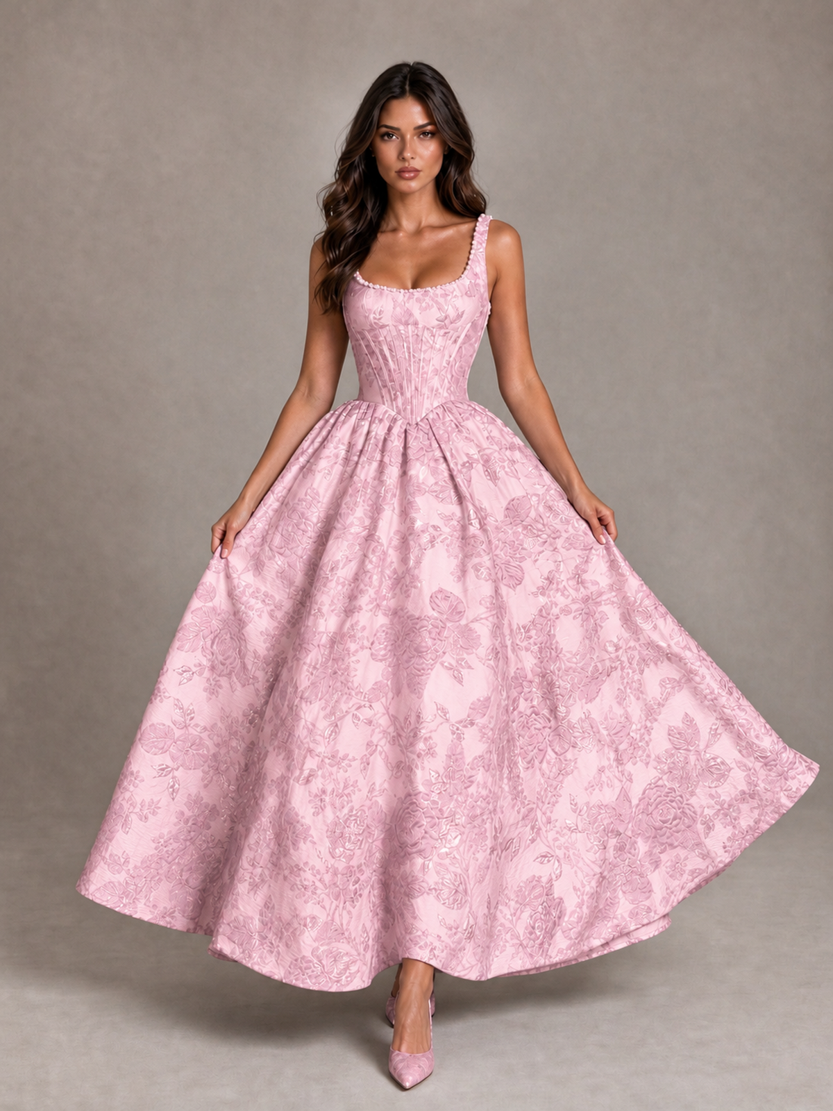 BOLODOO Pink Floral Corset A-Line Prom Dress with Lace-Up Back - Pink - Pink_4