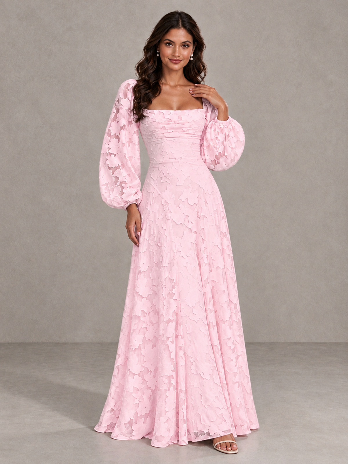 BOLODOO Pink Floral Long Sleeve A-Line Bridesmaid Dress - Pink - Pink_4