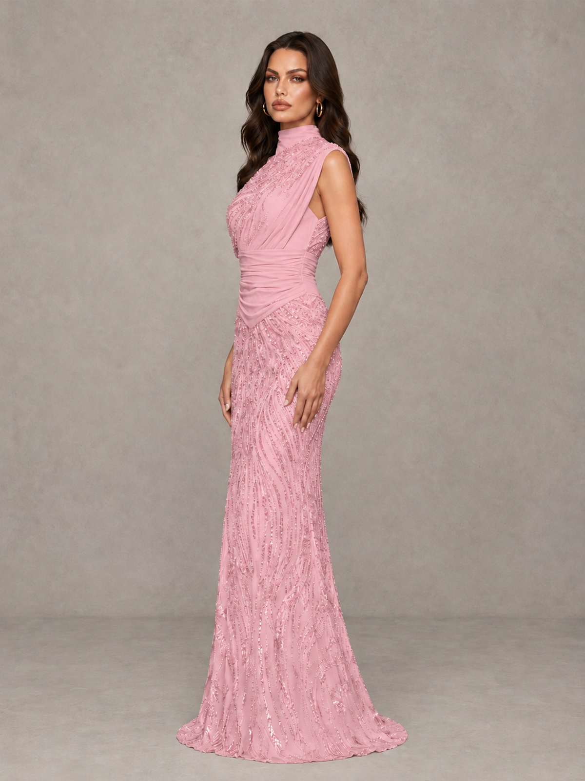 BOLODOO Pink High Neck Draped Sequin Mermaid Evening Gown - Pink - Pink_4
