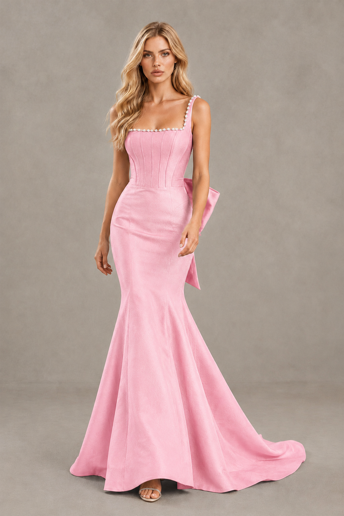 BOLODOO Pink Pearl-Trim Mermaid Prom Dress with Back Bow - Pink - Pink_4