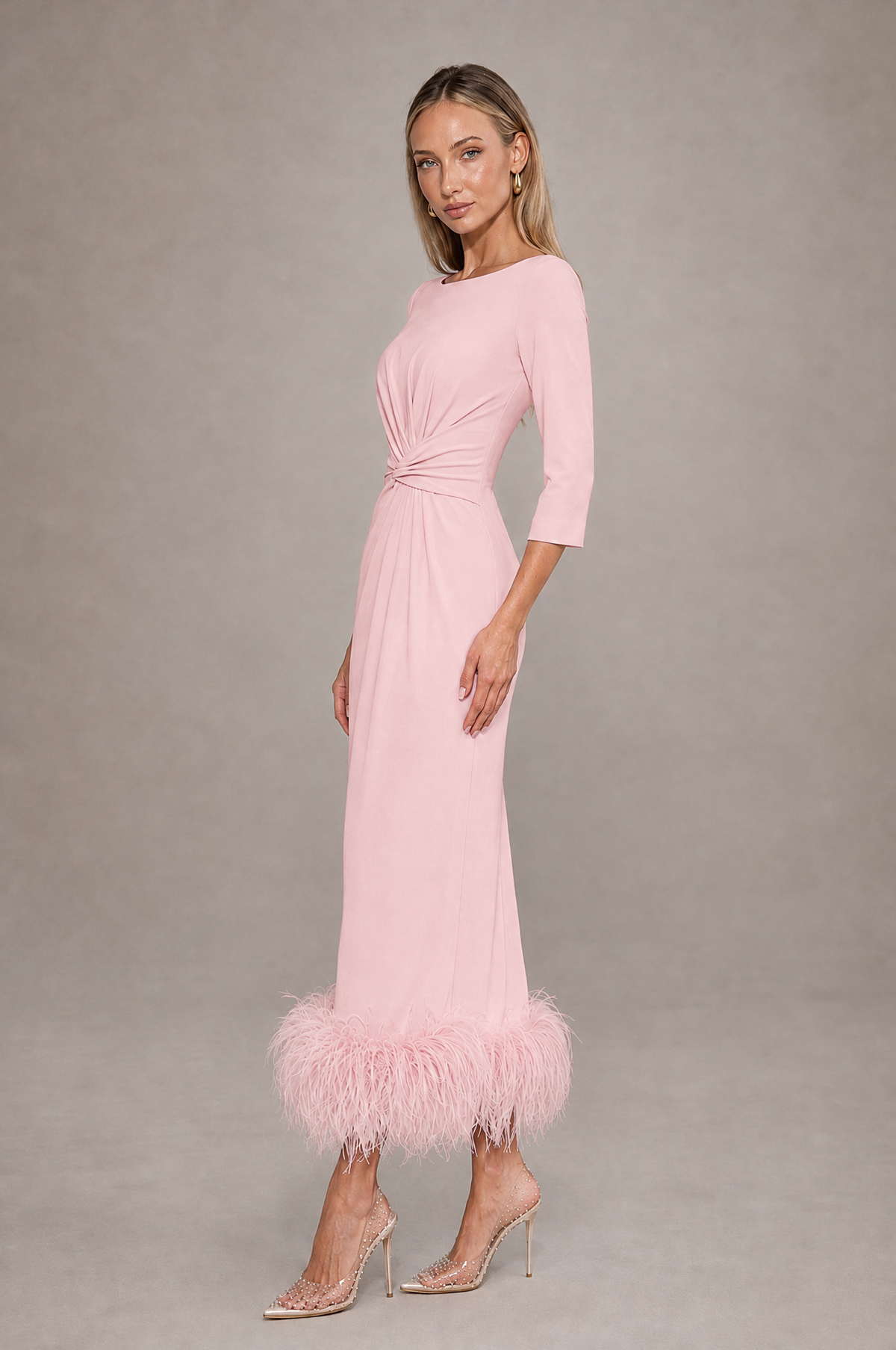 BOLODOO Pink Feather-Trim Twist-Waist Midi Dress - Pink - Pink_4