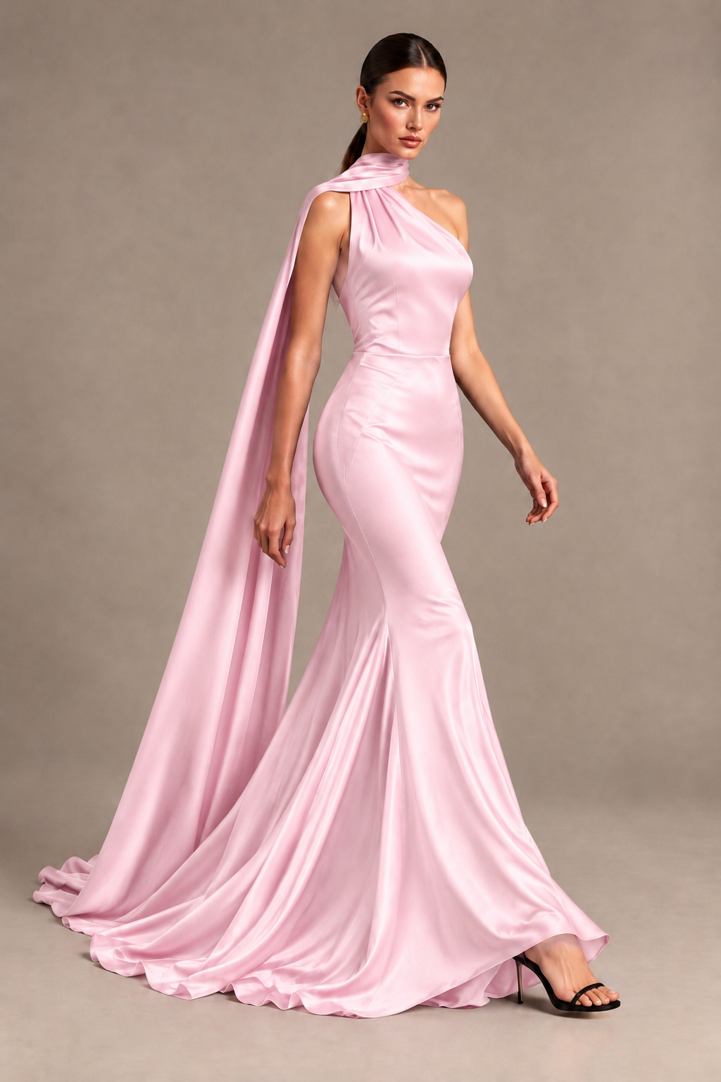 BOLODOO Pink One-Shoulder Satin Mermaid Evening Dress with Scarf - Pink - Pink_4