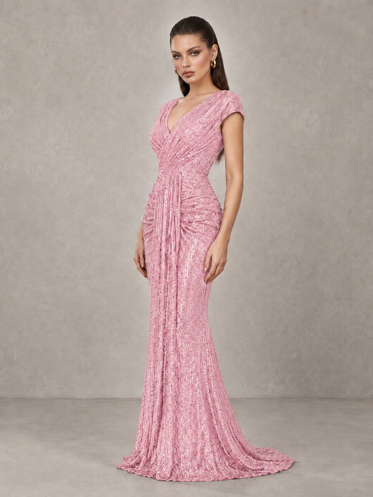 BOLODOO Pink Glitter V-Neck Cap Sleeve Ruched Mermaid Evening Gown - Pink - Pink_4