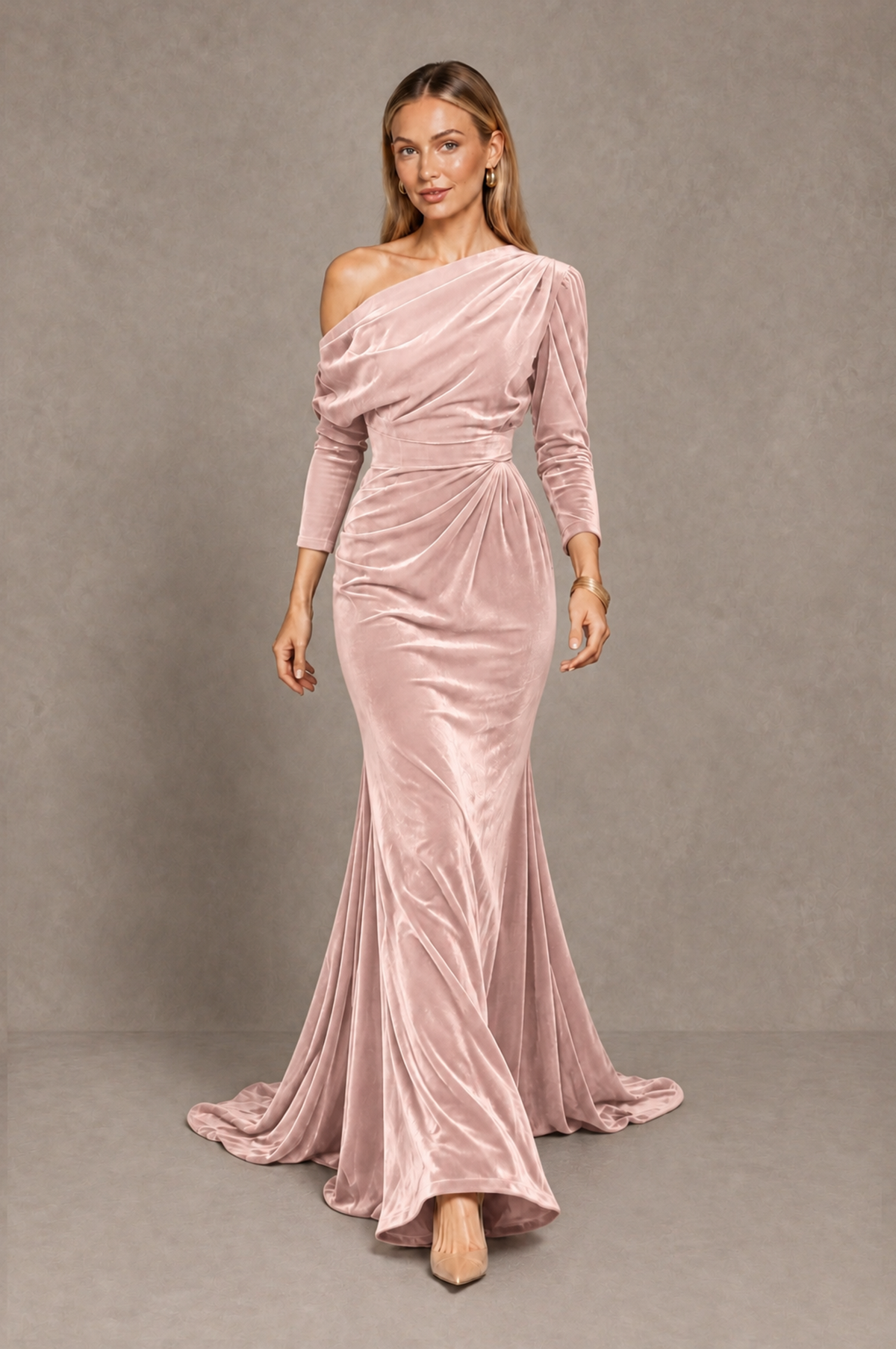 BOLODOO Pink Velvet Asymmetric Neck Mermaid Evening Dress - Pink - Pink_5