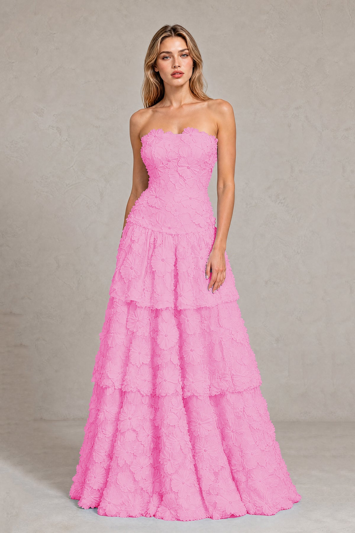 BOLODOO Pink Strapless 3D Floral Tiered Evening Gown - Pink