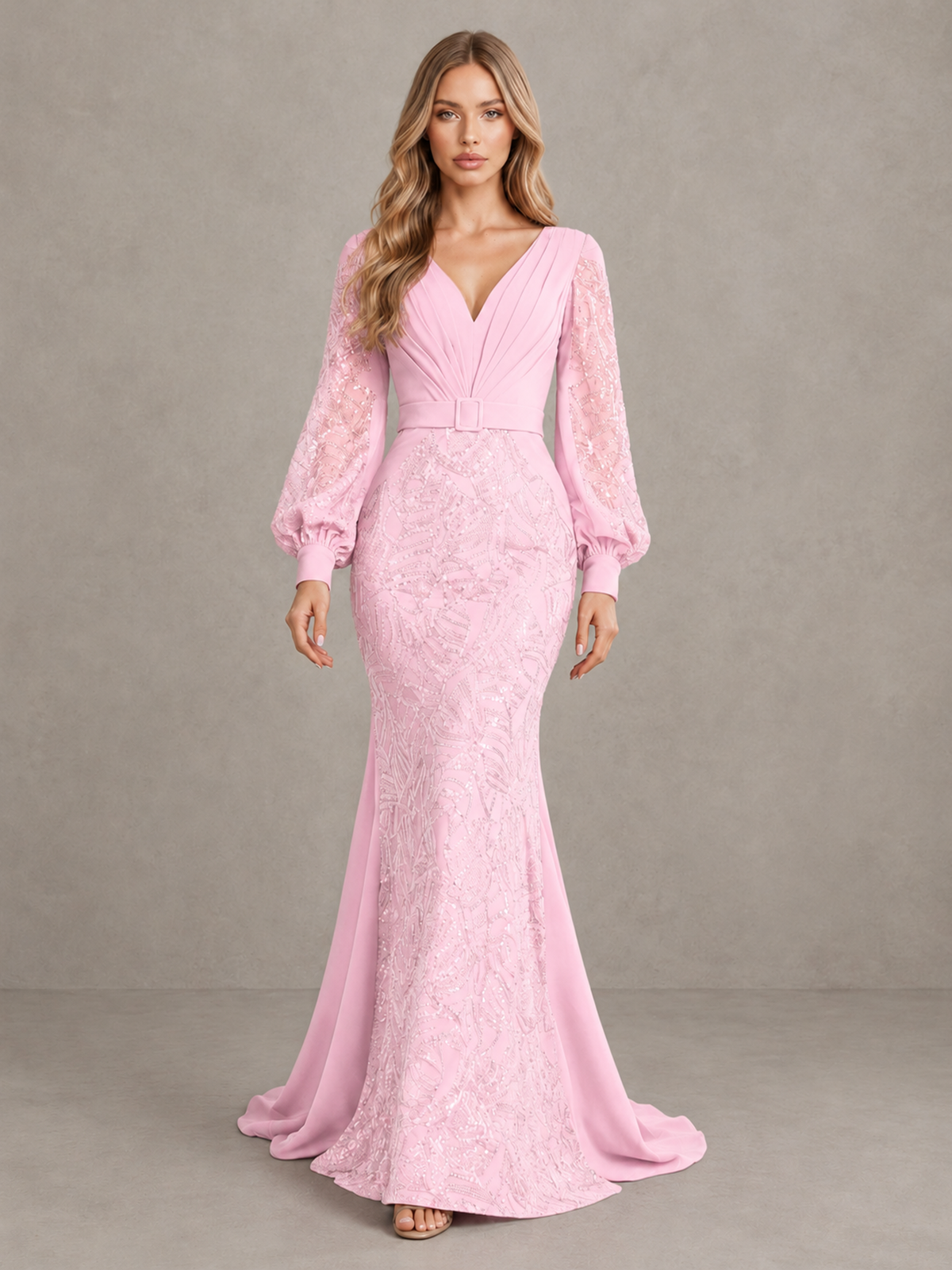 BOLODOO Pink Sequin Long Bishop Sleeve Mermaid Evening Dress - Pink - Pink (1)