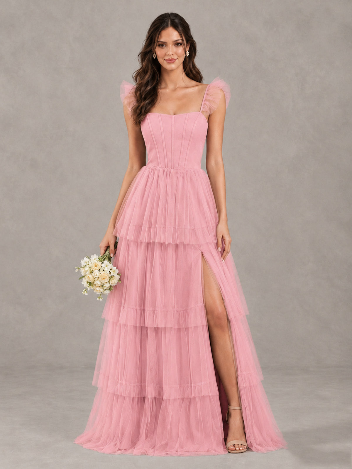 BOLODOO Pink Tiered Tulle Bridesmaid Dress with Slit - Pink - Pink (1)