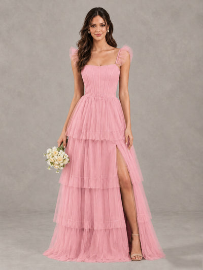 BOLODOO Pink Tiered Tulle Bridesmaid Dress with Slit - Pink - Pink (1)