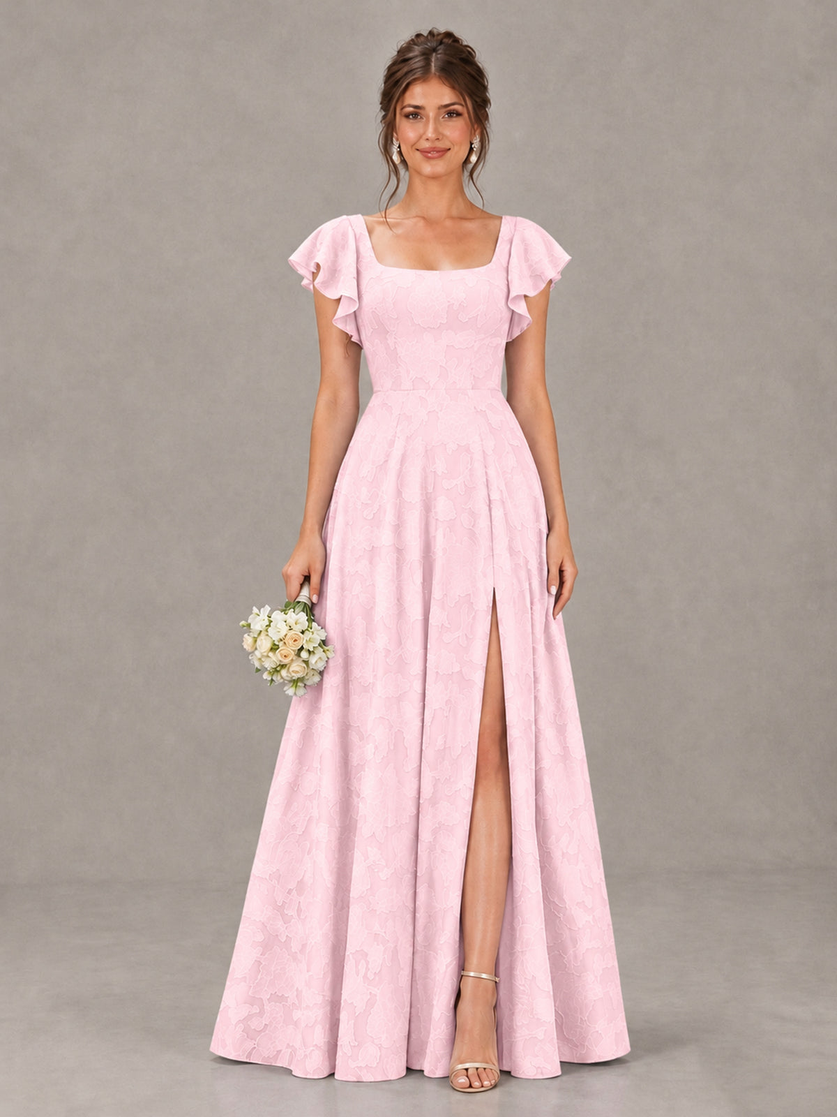 BOLODOO Pink Floral Flutter Sleeve Bridesmaid Dress with Slit - Pink - Pink (1)