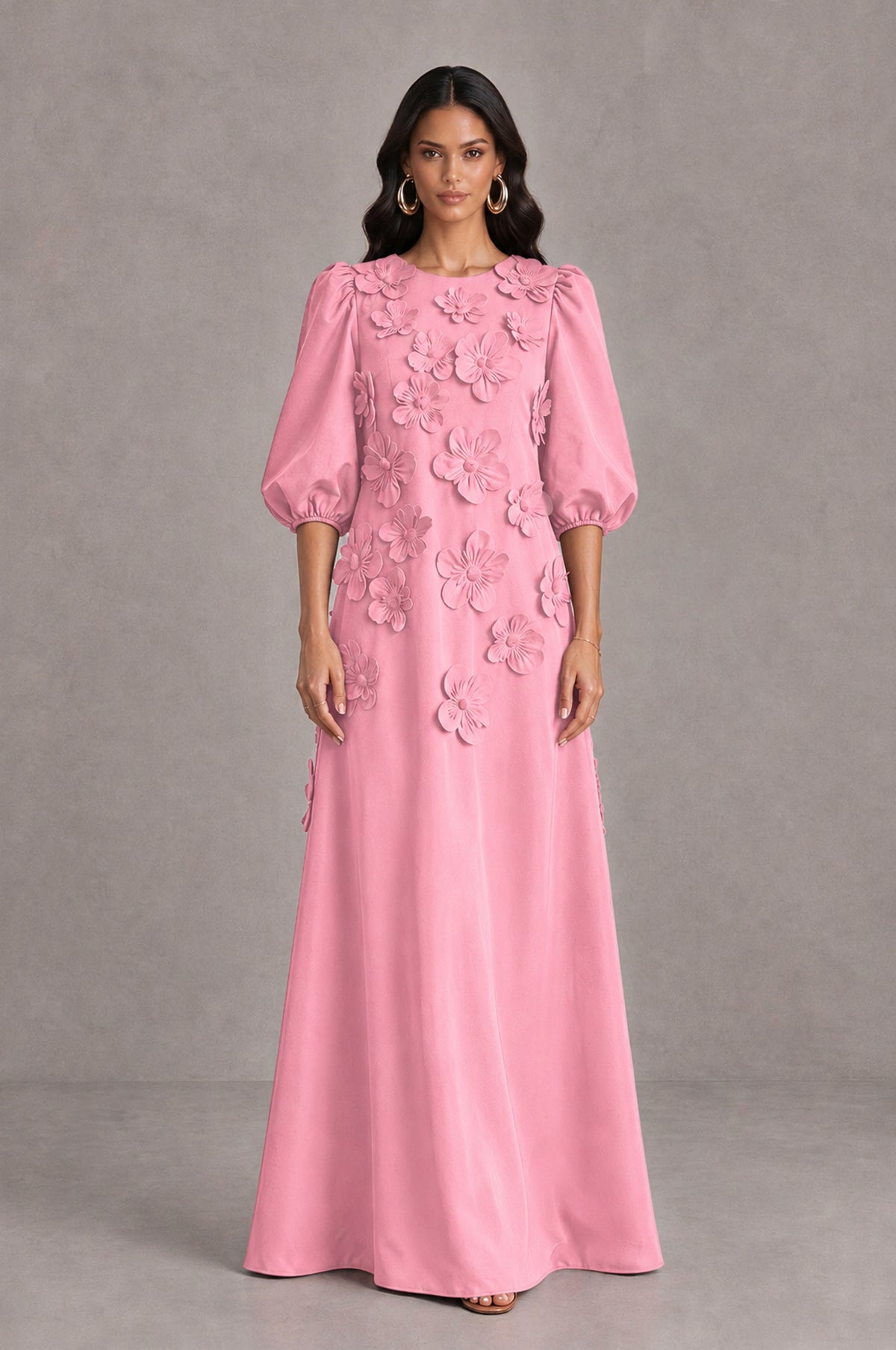 BOLODOO Pink Floral Applique Puff Sleeve A-Line Evening Dress - Pink - Pink (1)