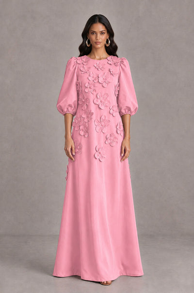BOLODOO Pink Floral Applique Puff Sleeve A-Line Evening Dress - Pink - Pink (1)
