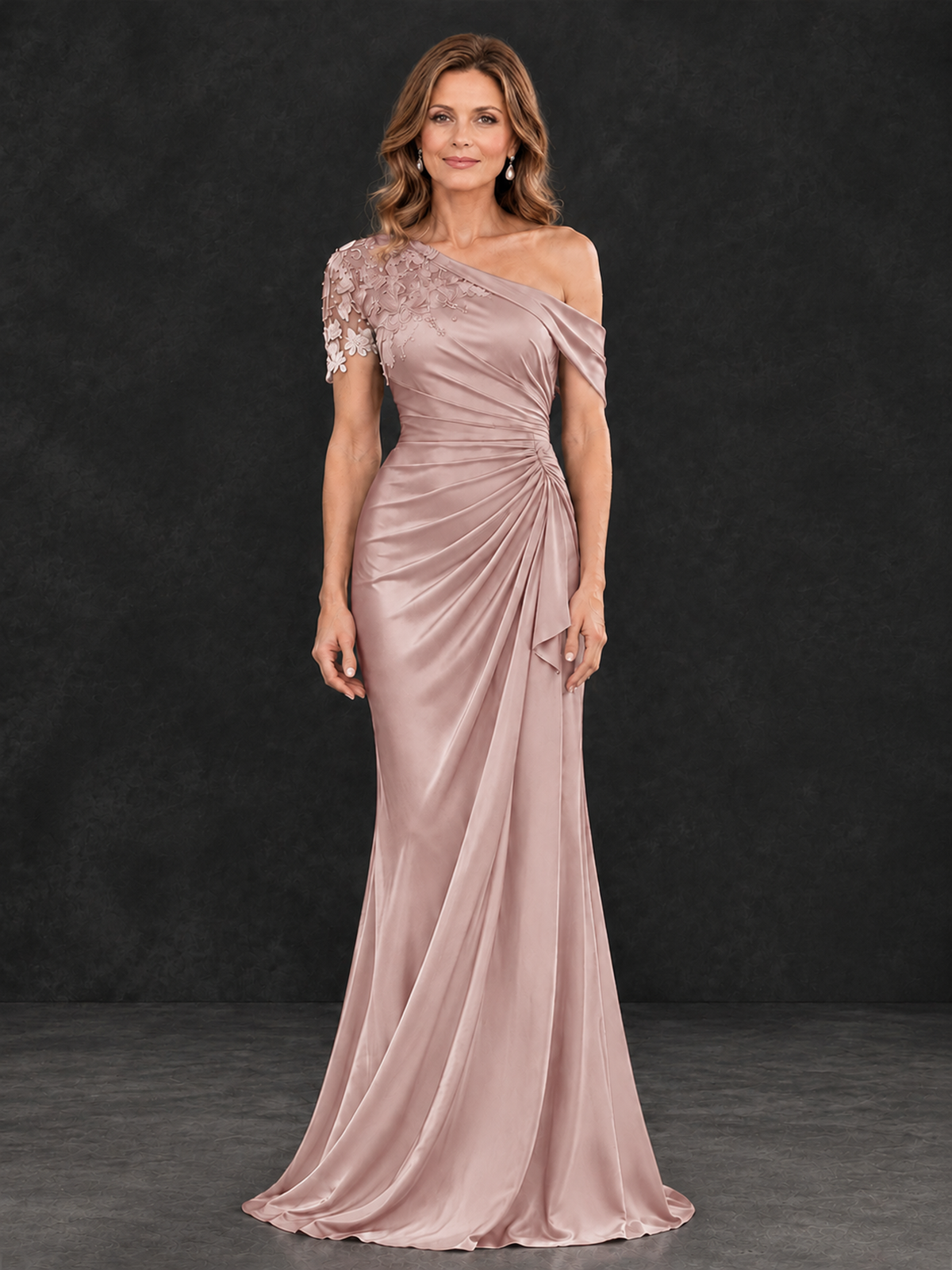 BOLODOO Pink Asymmetric Satin Mother of the Bride Dress with Lace Sleeve - Pink - Pink (1)