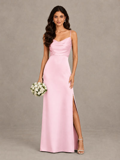 BOLODOO Pink Cowl Neck Satin Bridesmaid Dress with Slit - Pink - Pink (1)