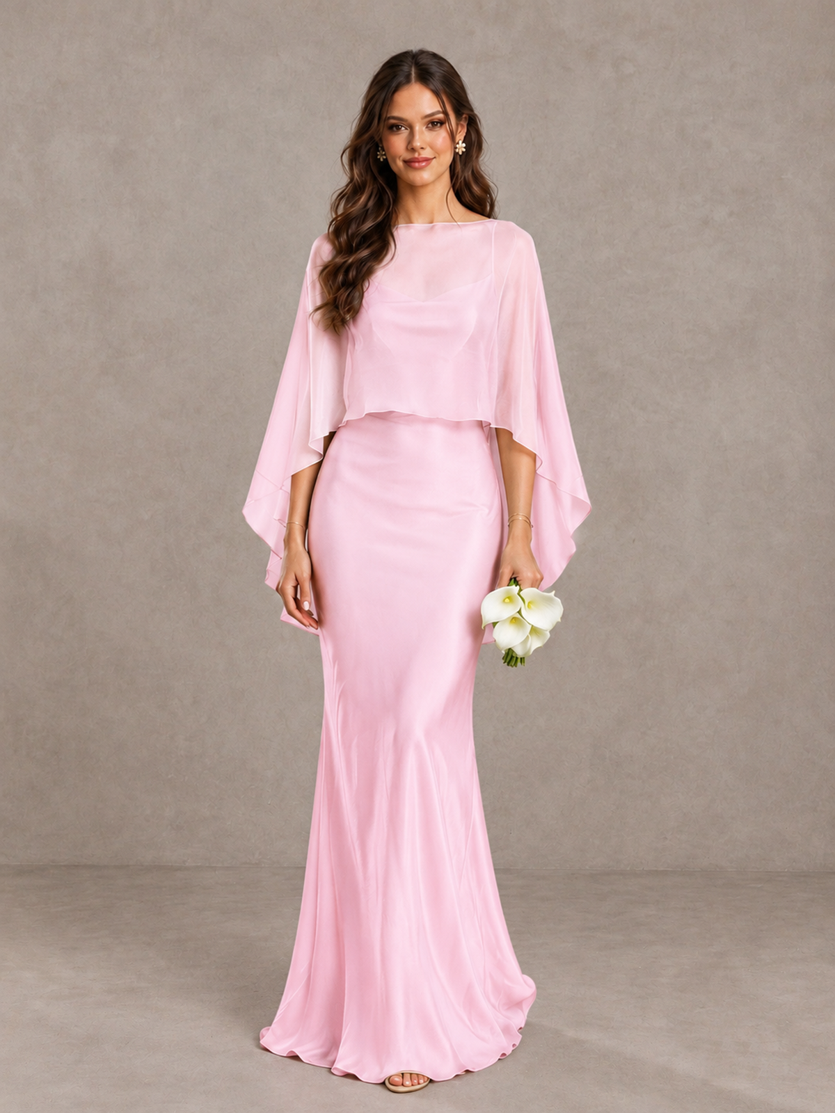 BOLODOO Pink Satin Mermaid Bridesmaid Dress with Chiffon Cape - Pink - Pink (1)