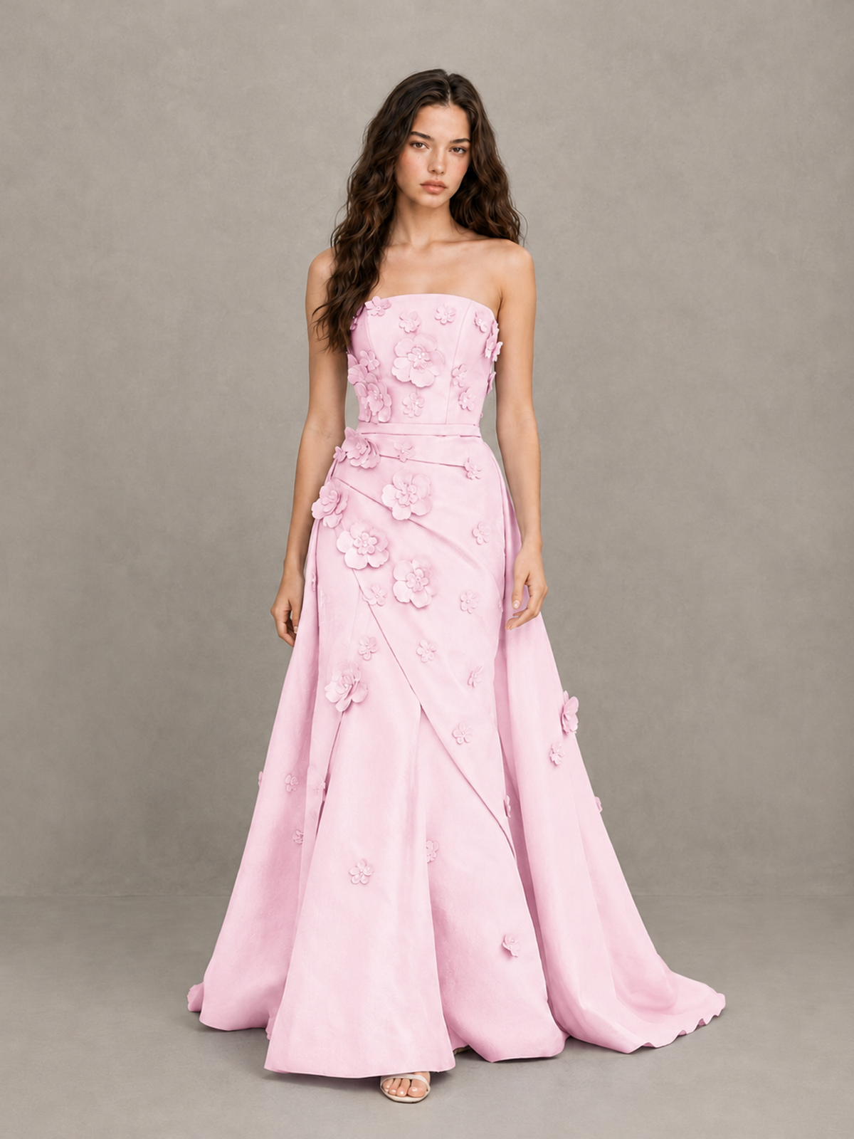 BOLODOO Pink Strapless 3D Floral Applique Prom Gown with Draped Skirt - Pink - Pink (1)