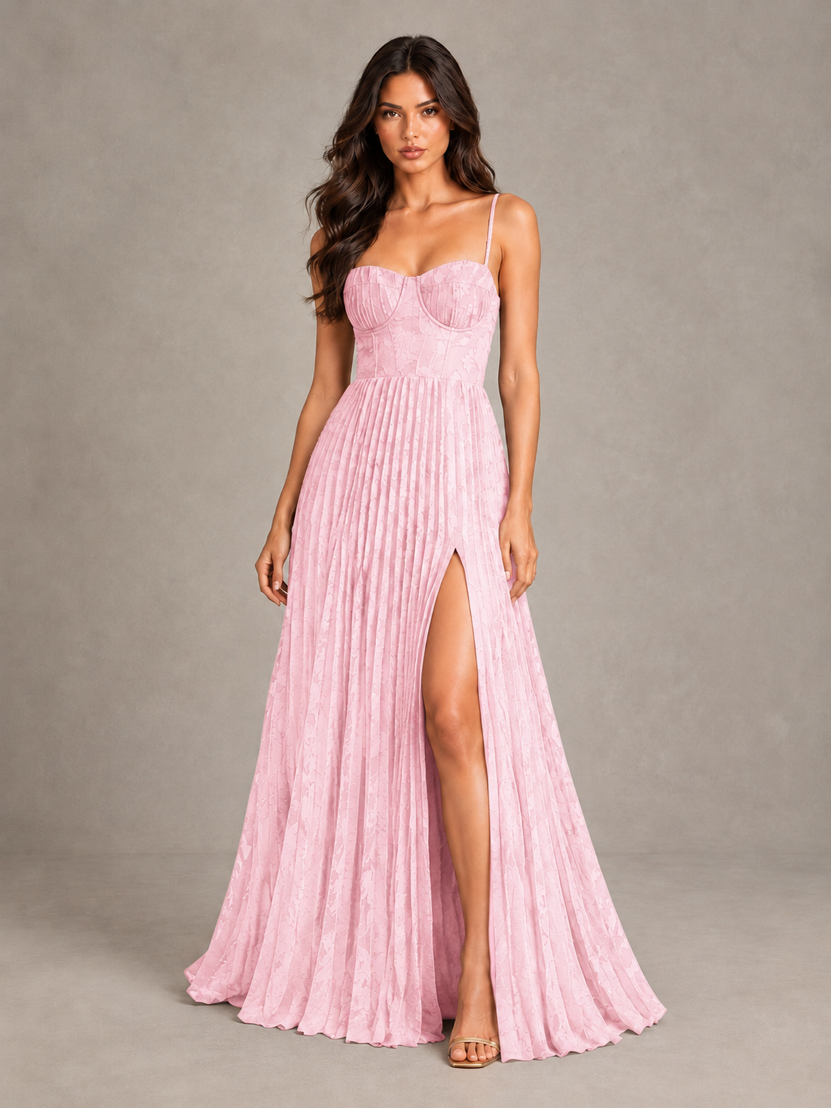 BOLODOO Pink Pleated Bridesmaid Dress with Sweetheart Neckline & Slit - Pink - Pink (1)