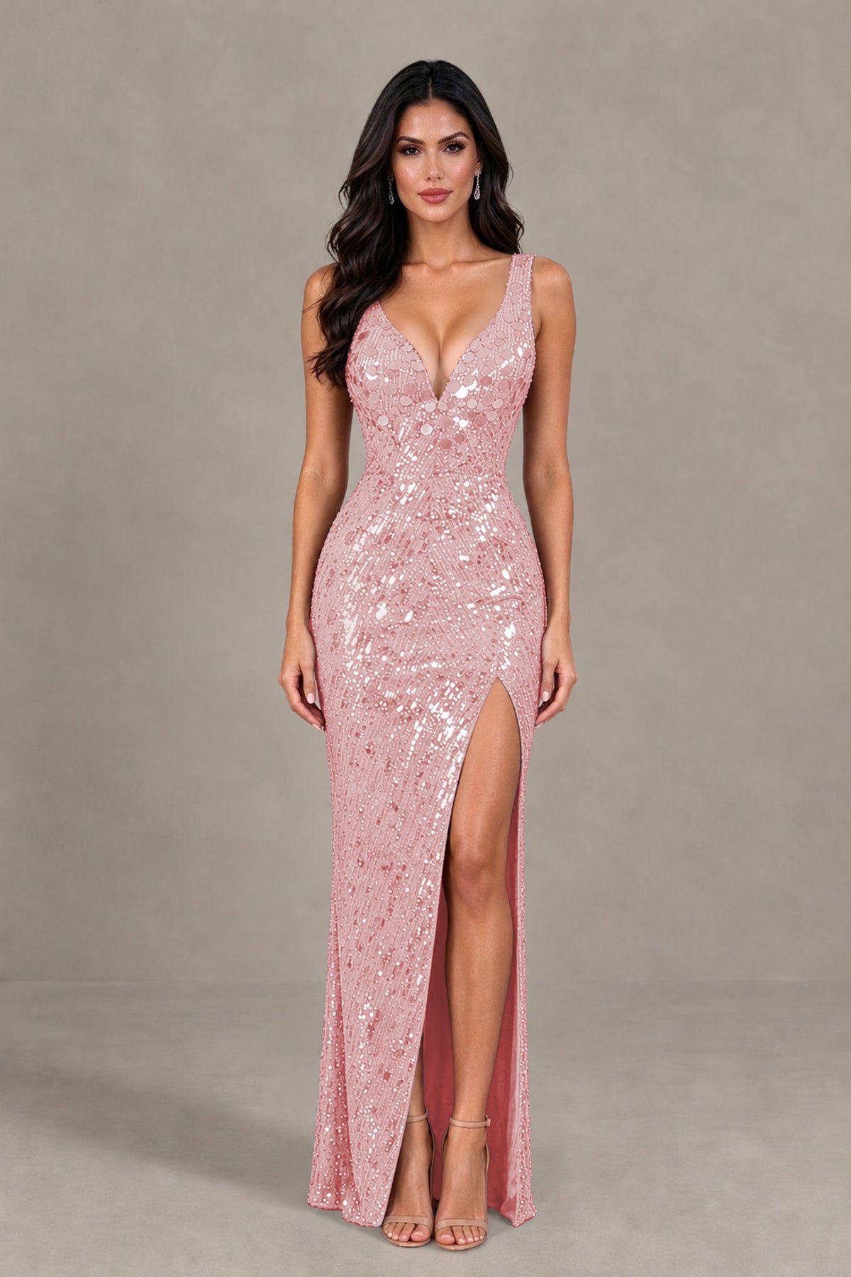 BOLODOO Pink Sequin Deep V-Neck Lace-Up Back High-Slit Evening Dress - Pink - Pink (1)
