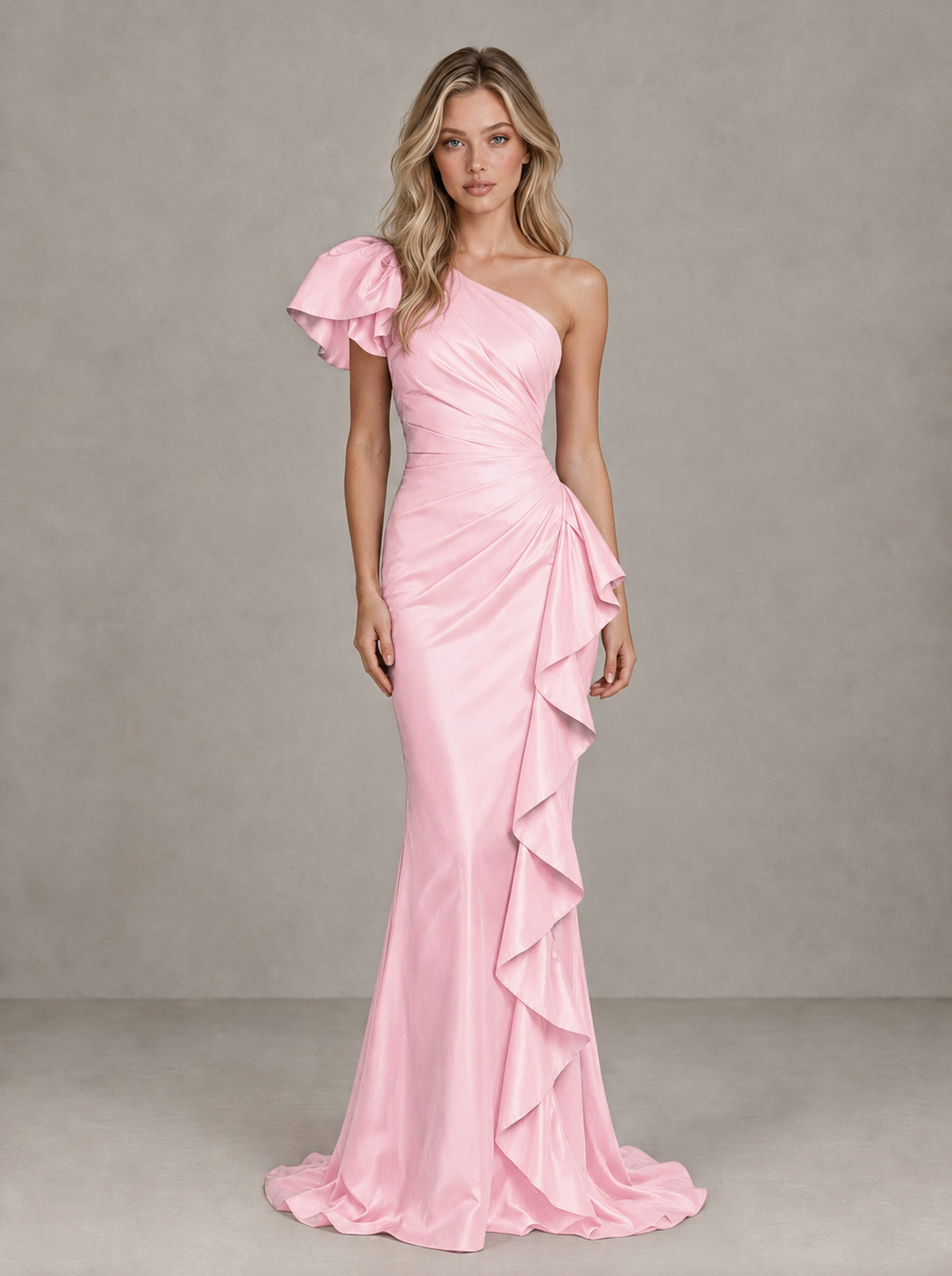 BOLODOO Pink One-Shoulder Satin-Look Mermaid Evening Dress with Ruffles - Pink - Pink (1)