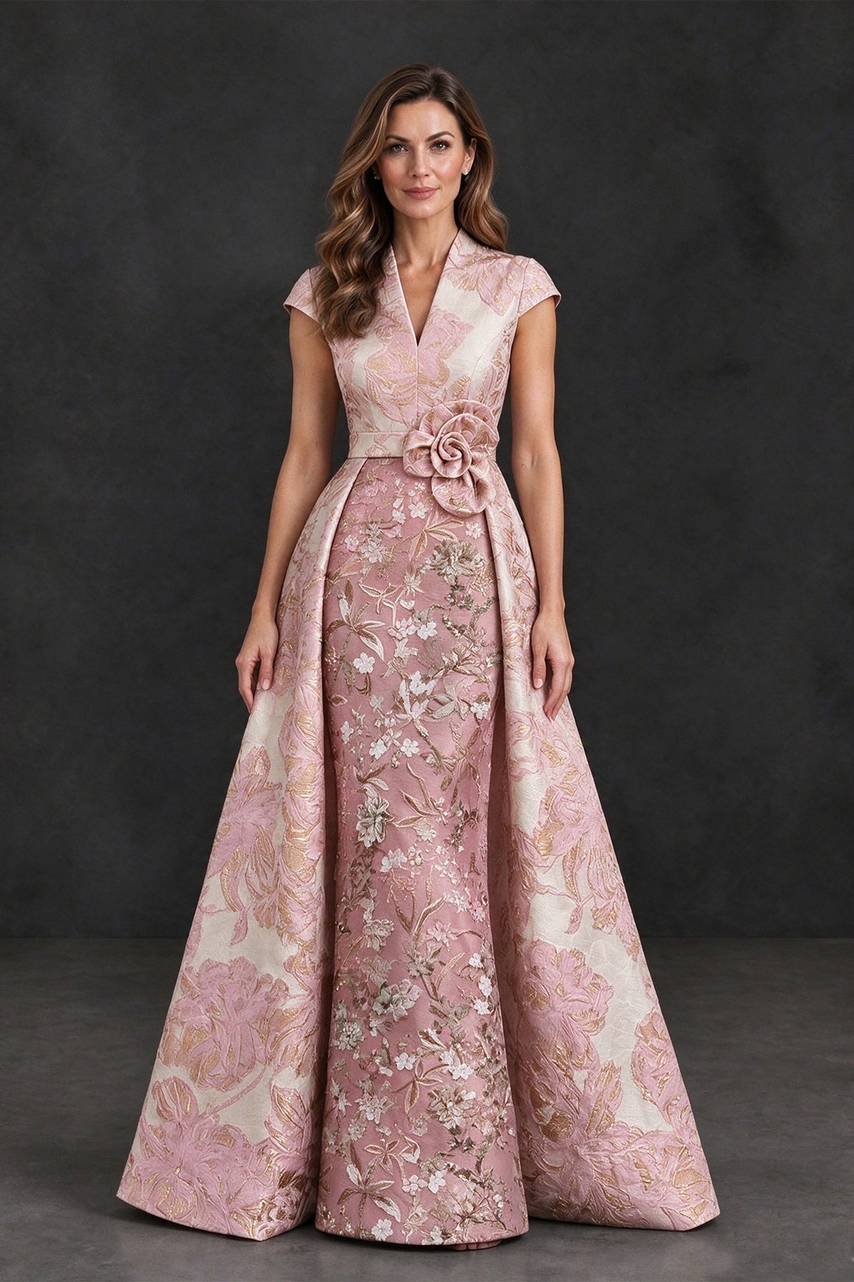 BOLODOO Pink Floral Jacquard V-Neck Mother of the Bride Dress - Pink - Pink (1)