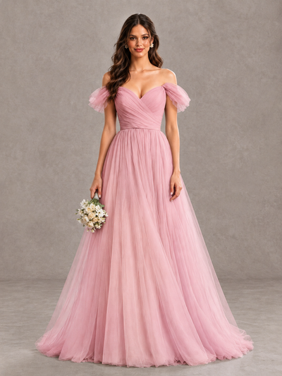 BOLODOO Pink Off-the-Shoulder Ruffle Sleeve A-Line Bridesmaid Dress - Pink - Pink (1)