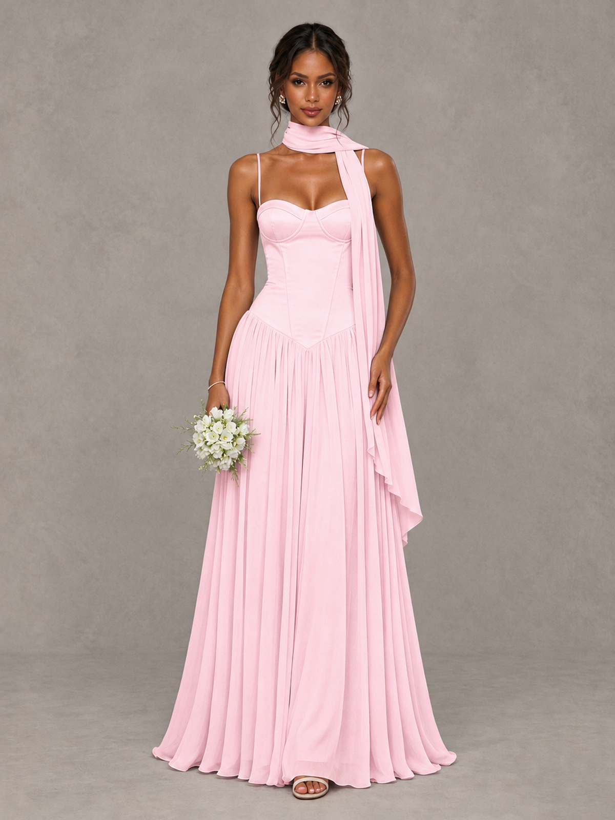 BOLODOO Pink Corset Bridesmaid Dress with Scarf - Pink - Pink (1)