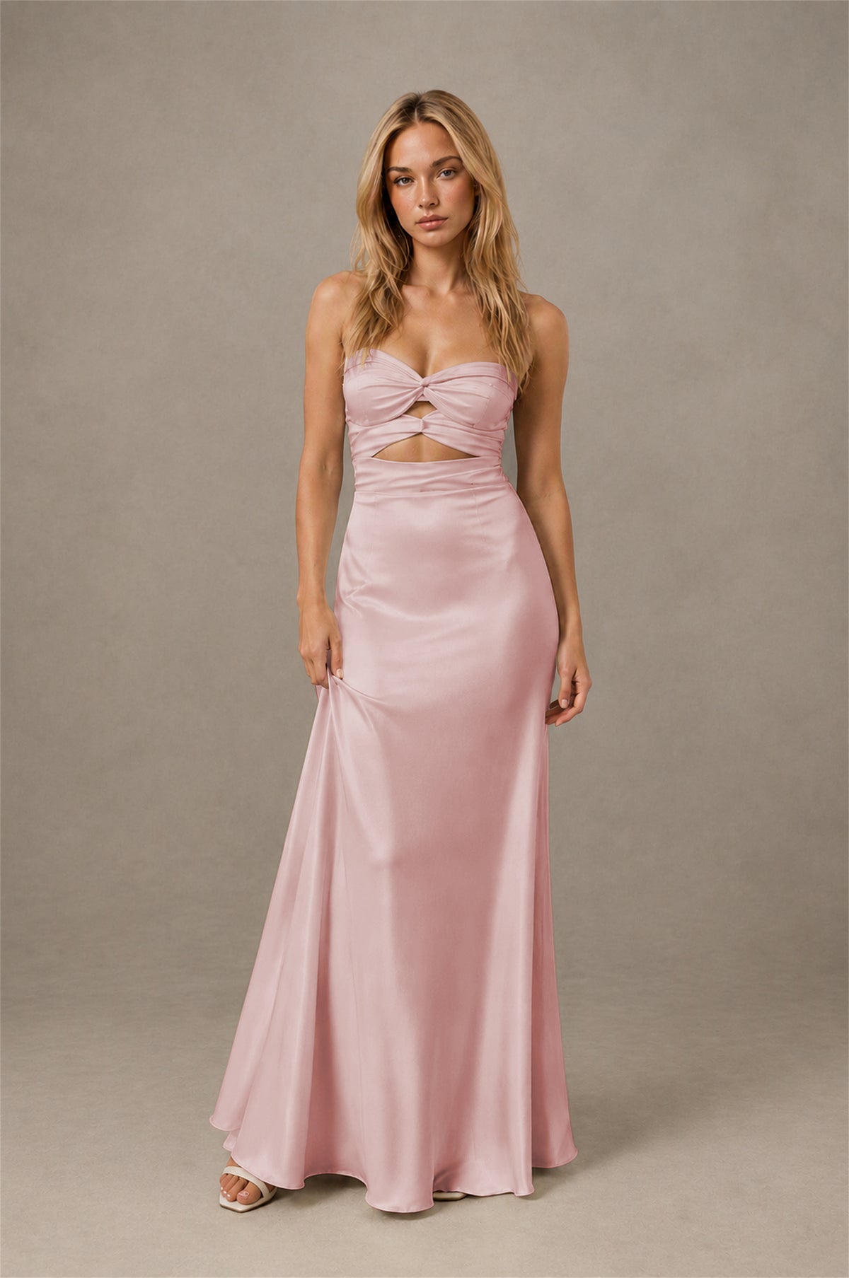 BOLODOO Pink Sweetheart Strapless Twist Knot Cutout Lace-Up Back Satin Mermaid Maxi Dress - Pink - Pink (1)
