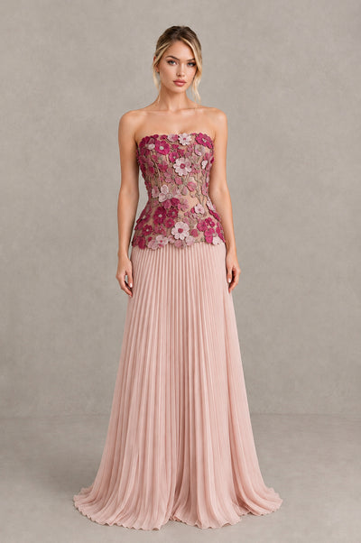BOLODOO Pink Strapless Floral Applique Pleated Evening Dress - Pink - Pink (1)