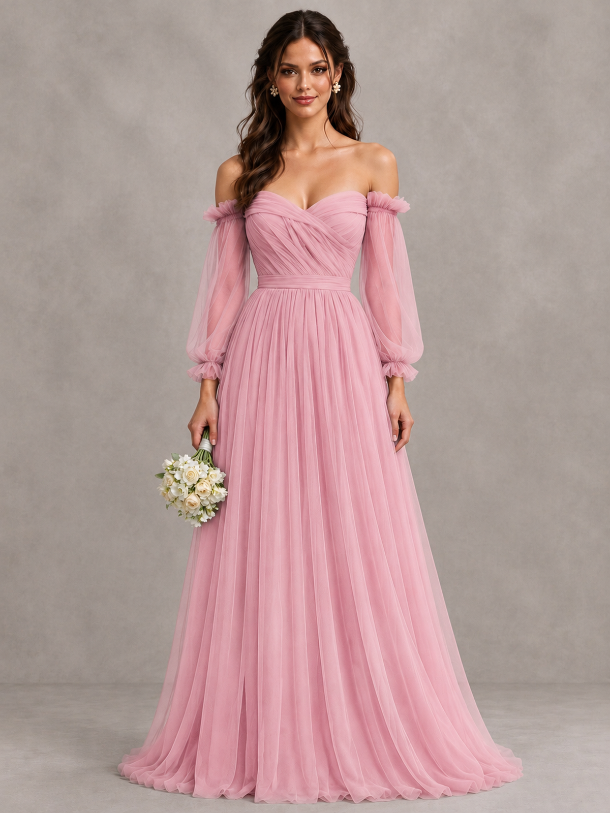 BOLODOO Pink Off-the-Shoulder Long Sleeve A-Line Bridesmaid Dress - Pink - Pink (1)