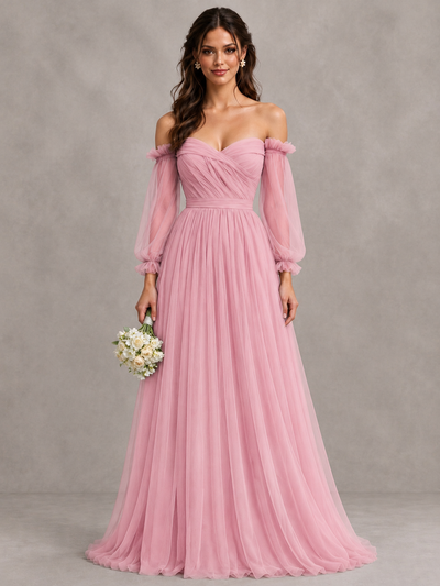 BOLODOO Pink Off-the-Shoulder Long Sleeve A-Line Bridesmaid Dress - Pink - Pink (1)