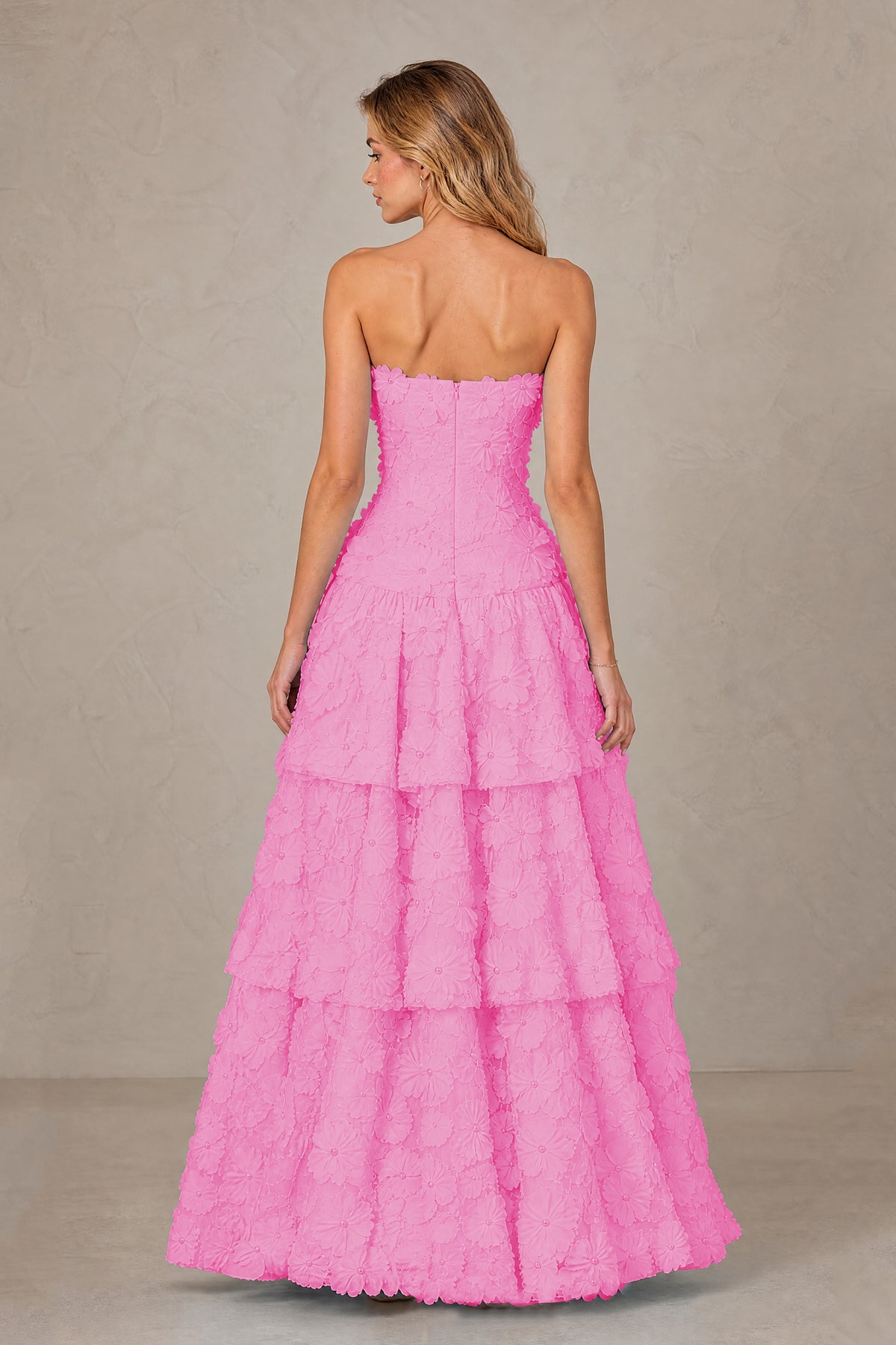 BOLODOO Pink Strapless 3D Floral Tiered Evening Gown - Pink