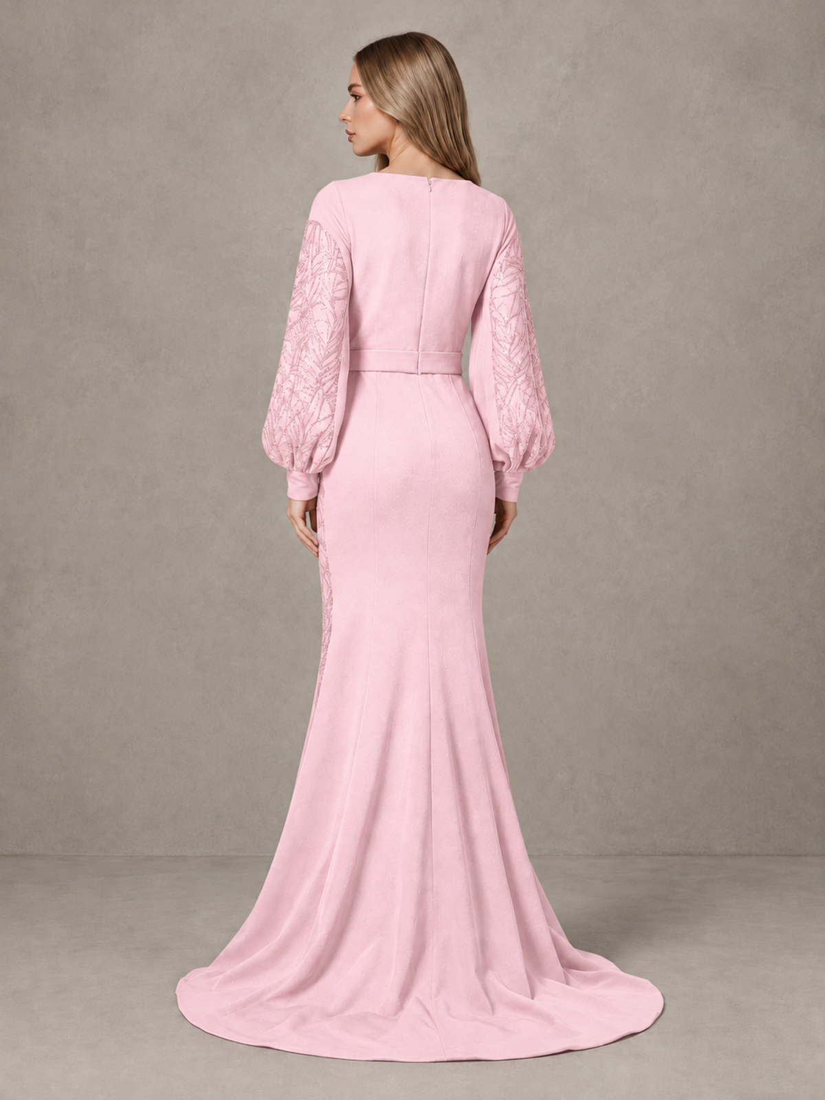 BOLODOO Pink Sequin Long Bishop Sleeve Mermaid Evening Dress - Pink - Pink (2)