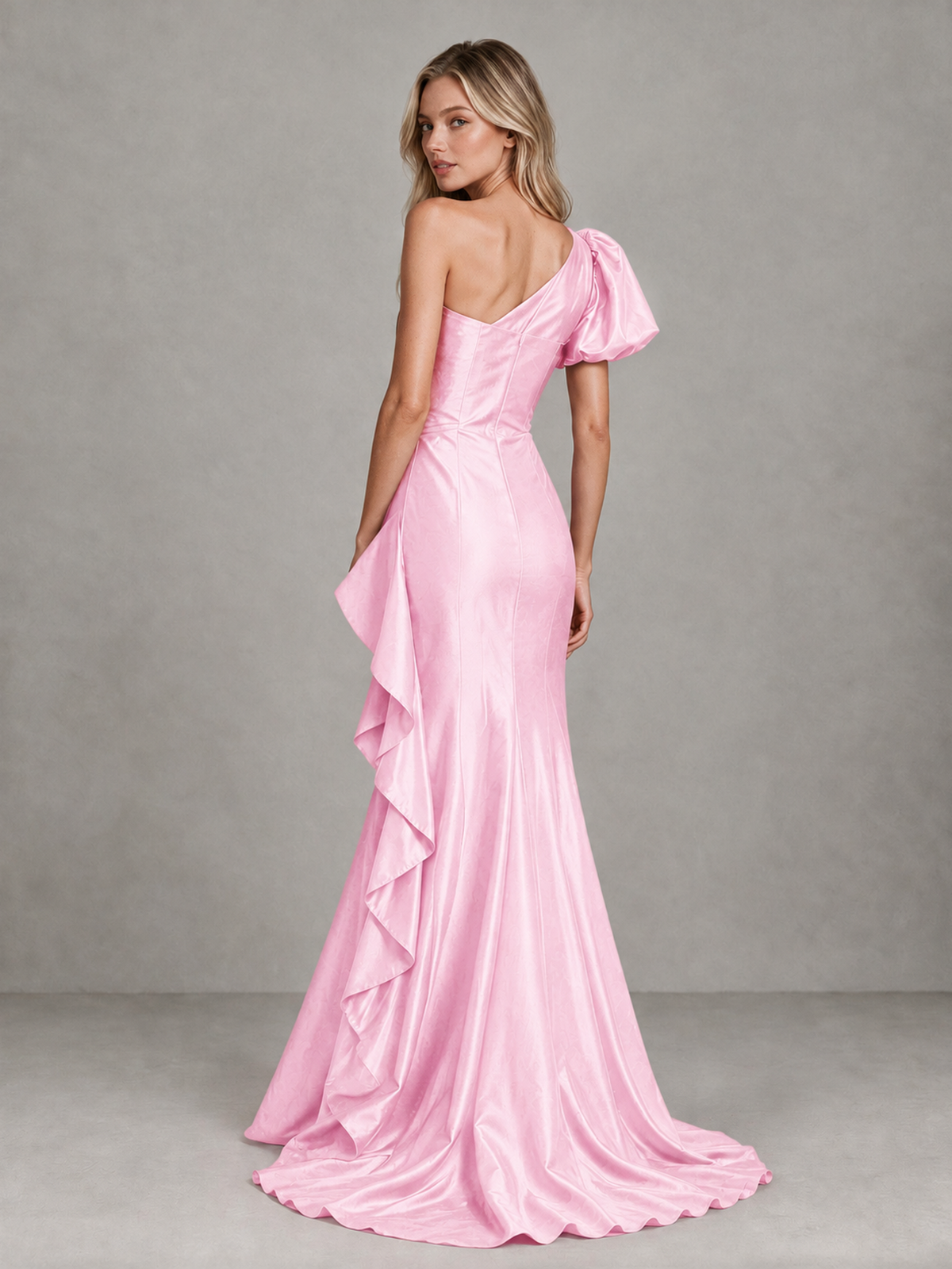 BOLODOO Pink One-Shoulder Satin-Look Mermaid Evening Dress with Ruffles - Pink - Pink (2)
