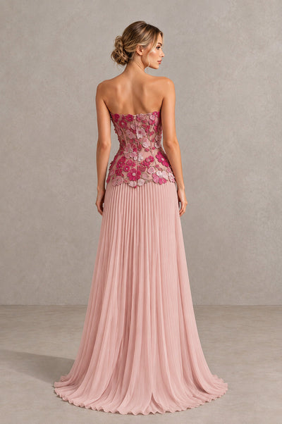 BOLODOO Pink Strapless Floral Applique Pleated Evening Dress - Pink - Pink (2)
