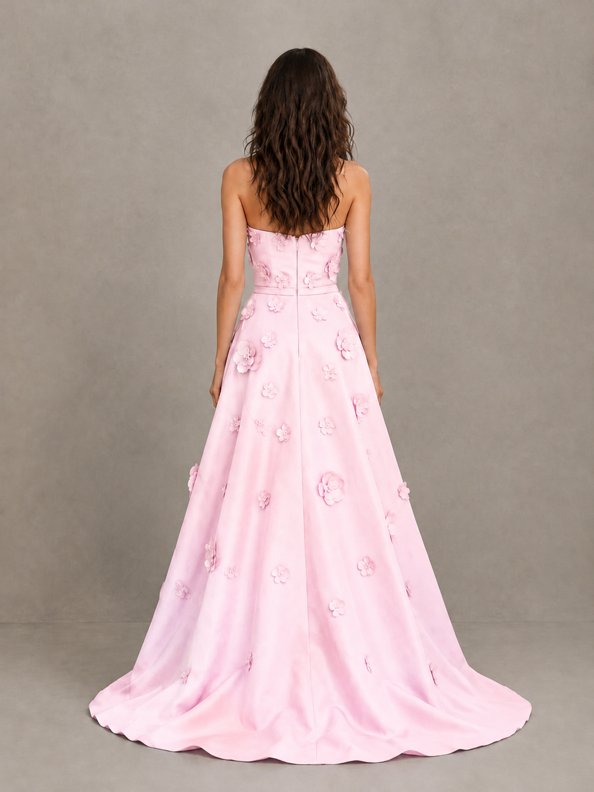 BOLODOO Pink Strapless 3D Floral Applique Prom Gown with Draped Skirt - Pink - Pink (2)