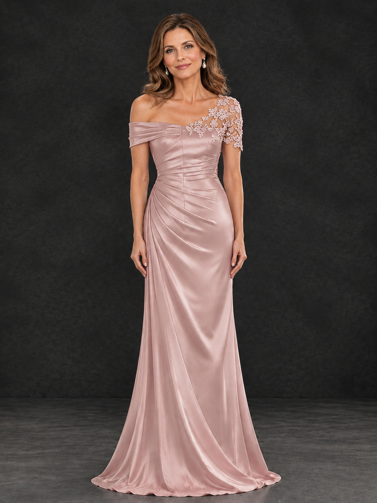 BOLODOO Pink Asymmetric Satin Mother of the Bride Dress with Lace Sleeve - Pink - Pink (2)