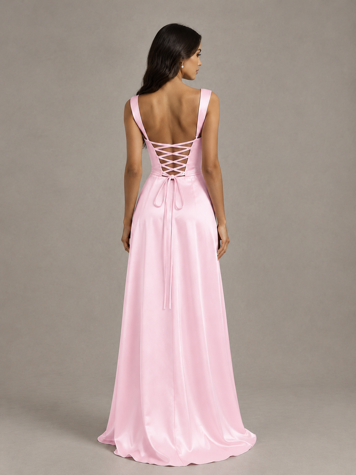 BOLODOO Pink Satin Lace-Up Bridesmaid Dress with Slit - Pink - Pink (2)