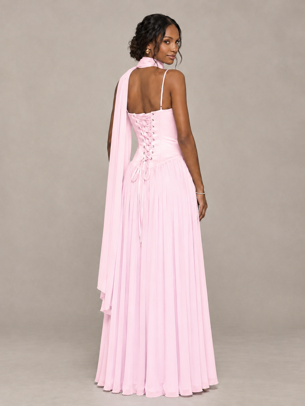 BOLODOO Pink Corset Bridesmaid Dress with Scarf - Pink - Pink (2)