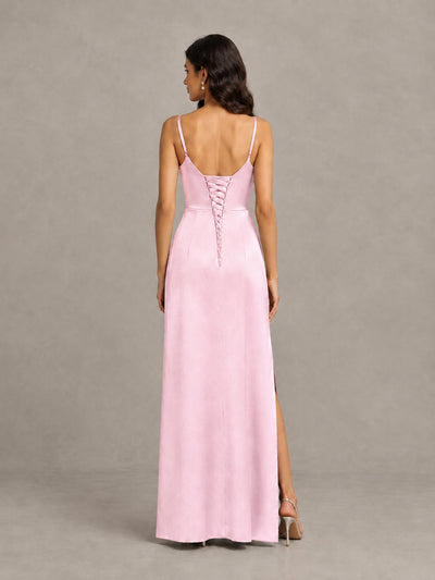 BOLODOO Pink Cowl Neck Satin Bridesmaid Dress with Slit - Pink - Pink (2)