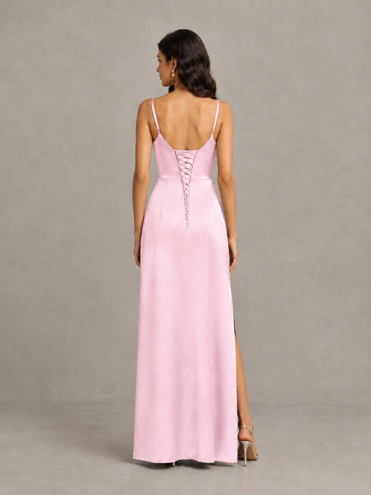 BOLODOO Pink Cowl Neck Satin Bridesmaid Dress with Slit - Pink - Pink (2)