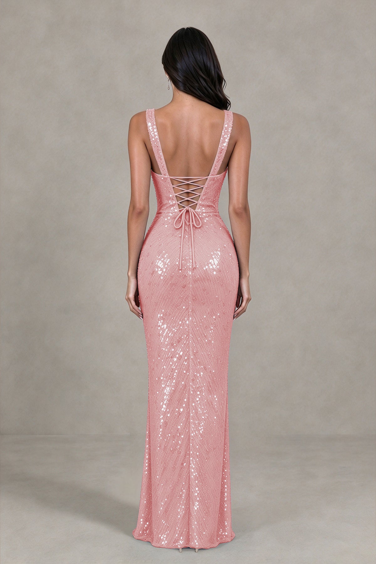 BOLODOO Pink Sequin Deep V-Neck Lace-Up Back High-Slit Evening Dress - Pink - Pink (2)