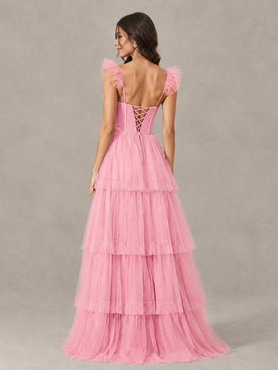 BOLODOO Pink Tiered Tulle Bridesmaid Dress with Slit - Pink - Pink (2)