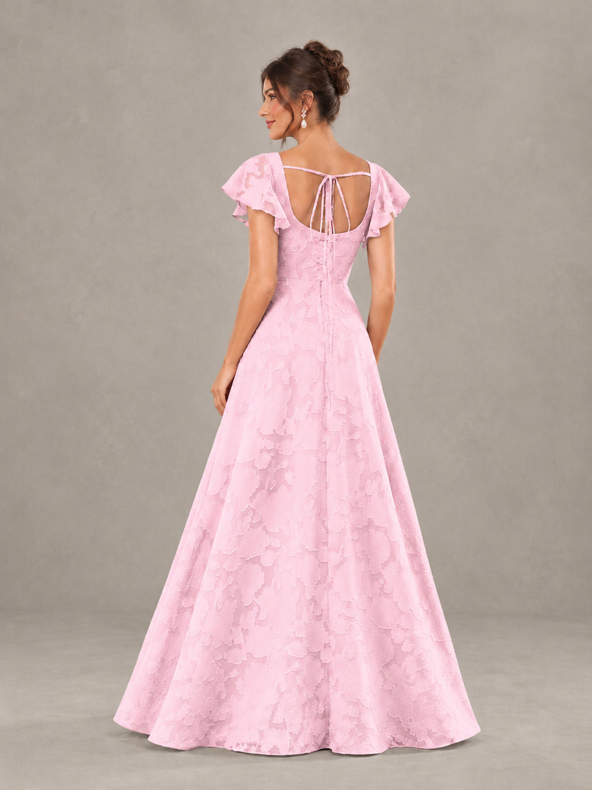 BOLODOO Pink Floral Flutter Sleeve Bridesmaid Dress with Slit - Pink - Pink (2)