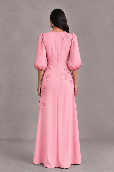 BOLODOO Pink Floral Applique Puff Sleeve A-Line Evening Dress - Pink - Pink (2)