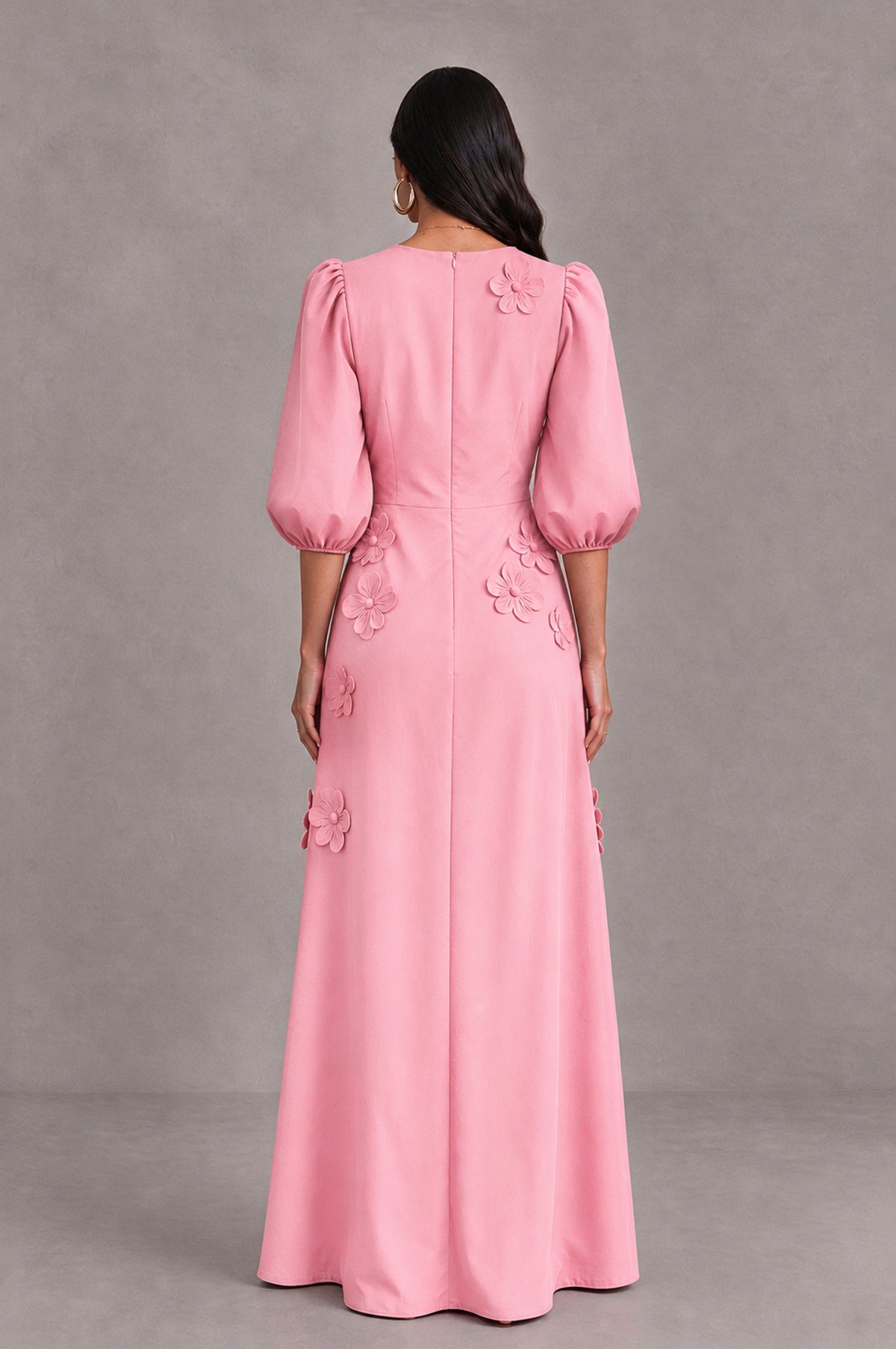 BOLODOO Pink Floral Applique Puff Sleeve A-Line Evening Dress - Pink - Pink (2)