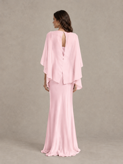 BOLODOO Pink Satin Mermaid Bridesmaid Dress with Chiffon Cape - Pink - Pink (2)