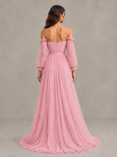 BOLODOO Pink Off-the-Shoulder Long Sleeve A-Line Bridesmaid Dress - Pink - Pink (2)