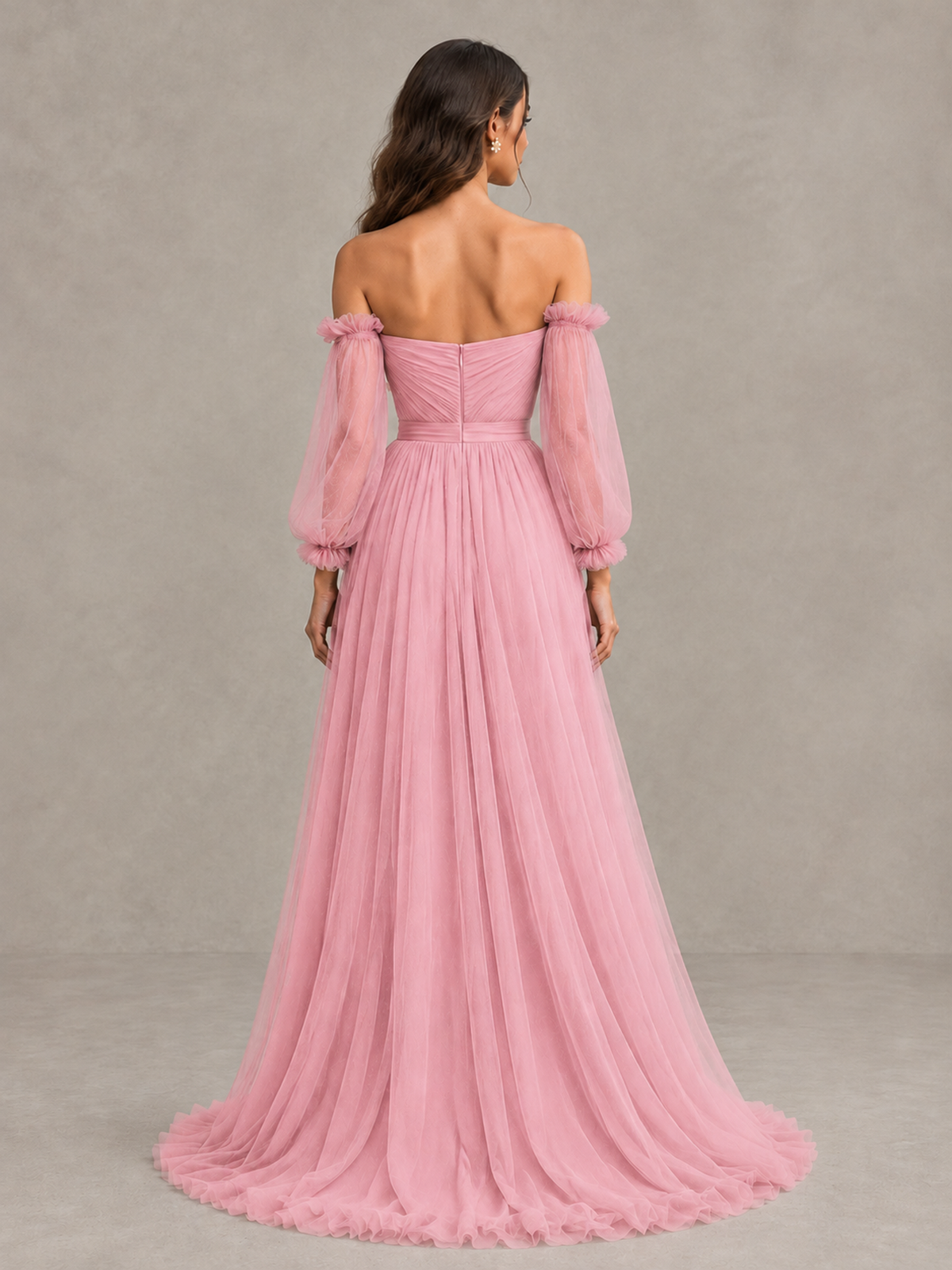 BOLODOO Pink Off-the-Shoulder Long Sleeve A-Line Bridesmaid Dress - Pink - Pink (2)