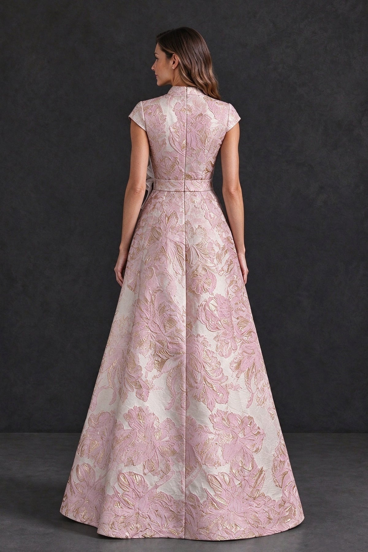 BOLODOO Pink Floral Jacquard V-Neck Mother of the Bride Dress - Pink - Pink (2)