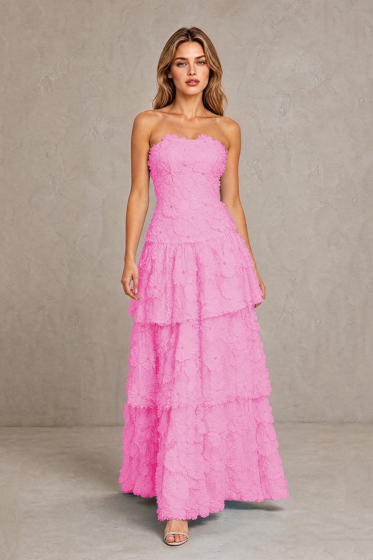 BOLODOO Pink Strapless 3D Floral Tiered Evening Gown - Pink