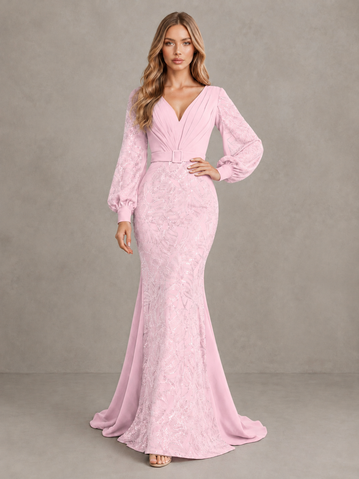 BOLODOO Pink Sequin Long Bishop Sleeve Mermaid Evening Dress - Pink - Pink (3)